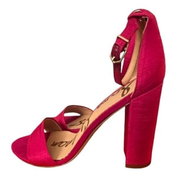 Like-New Sam Edelman Neon Fuchsia Pink Silk Yaro Block Heel Sandals - Picture 5 of 6